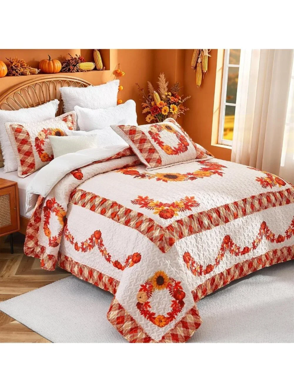 King Size Reversible Quilt Set - Fall Pumpkin & Plaid Bedding, 3PC Home Decor